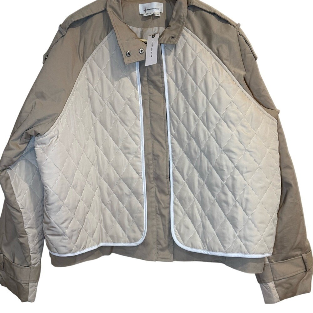 Anthropologie Quilt Mix Cropped Jacket Coat Khaki & Cream Zipper X-Large NWT - Picture 2 of 8